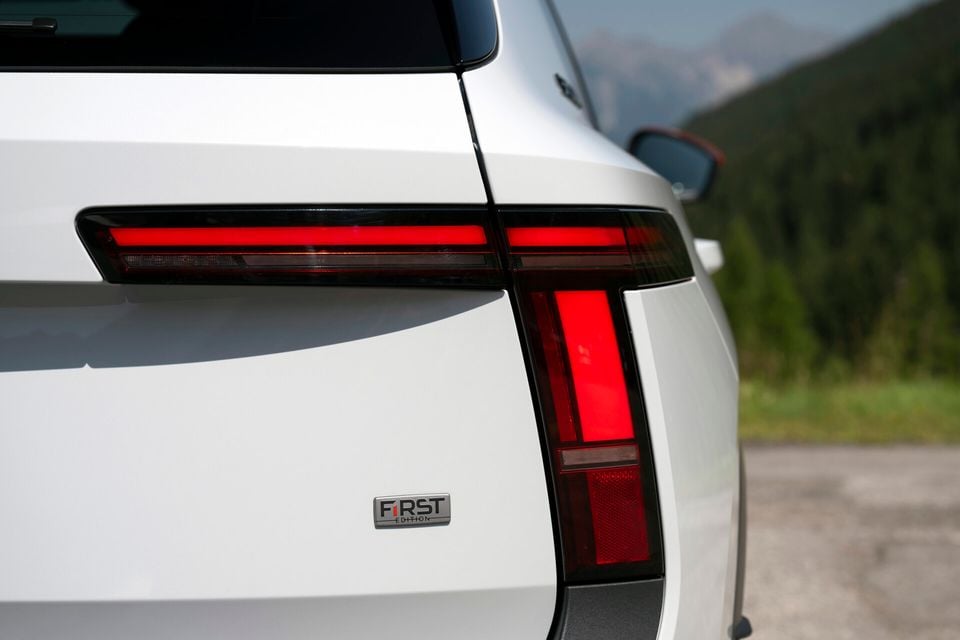 Close-up of the rear tail light and First Edition badge on a white 2027 Skoda Epiq SUV