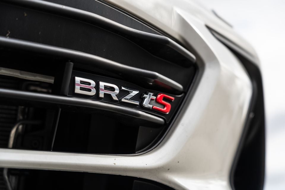 Close-up of the BRZ tS badge on the front grille of a Subaru BRZ tS