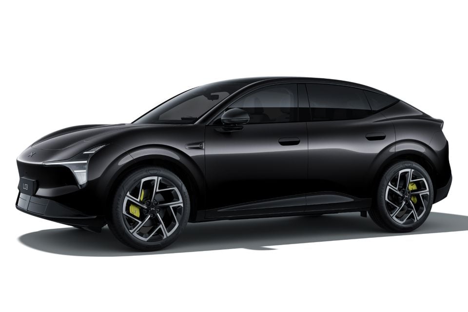 A black 2027 XPeng L03 sedan shown from the front quarter angle against a white background