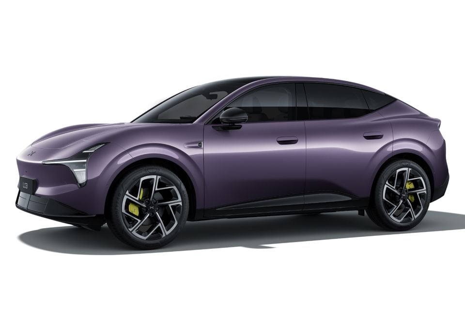 A purple Xpeng L03 sedan shown from the front side angle against a white studio background.
