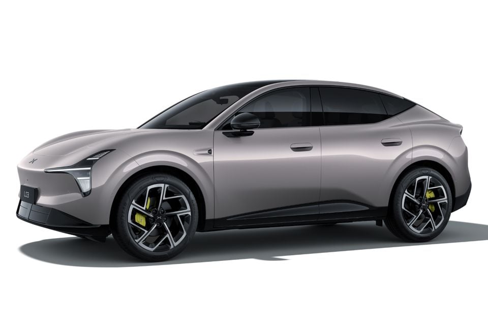 A grey 2027 Xpeng L03 electric sedan shown from the front quarter angle against a white background.