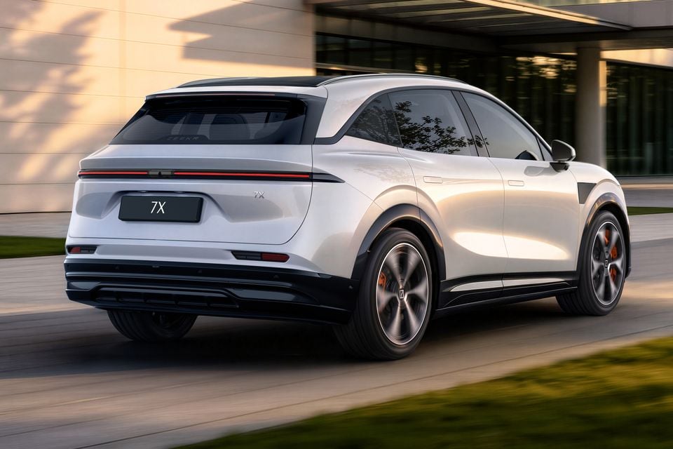 A white 2027 Zeekr 7X electric SUV driving past a modern building, seen from the rear and right side.