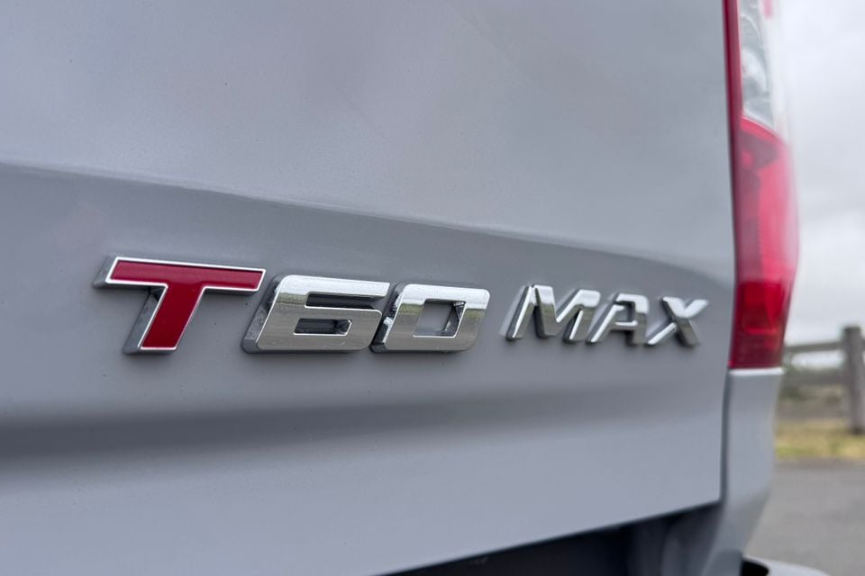 Close-up of the "T60 MAX" badge on the rear tailgate of a silver LDV T60 Max ute