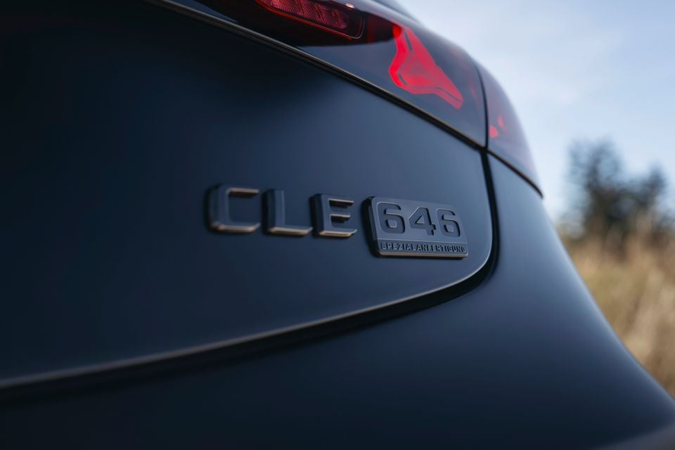 Close-up of the CLE 646 Spezialanfertigung badge on the rear of a Mercedes-AMG CLE 646