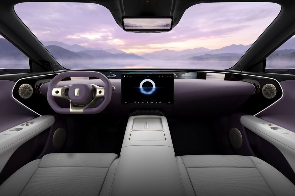 The interior of an Avatr 07 shows a purple dashboard, dual-spoke steering wheel, and central touchscreen with a mountain view outside.