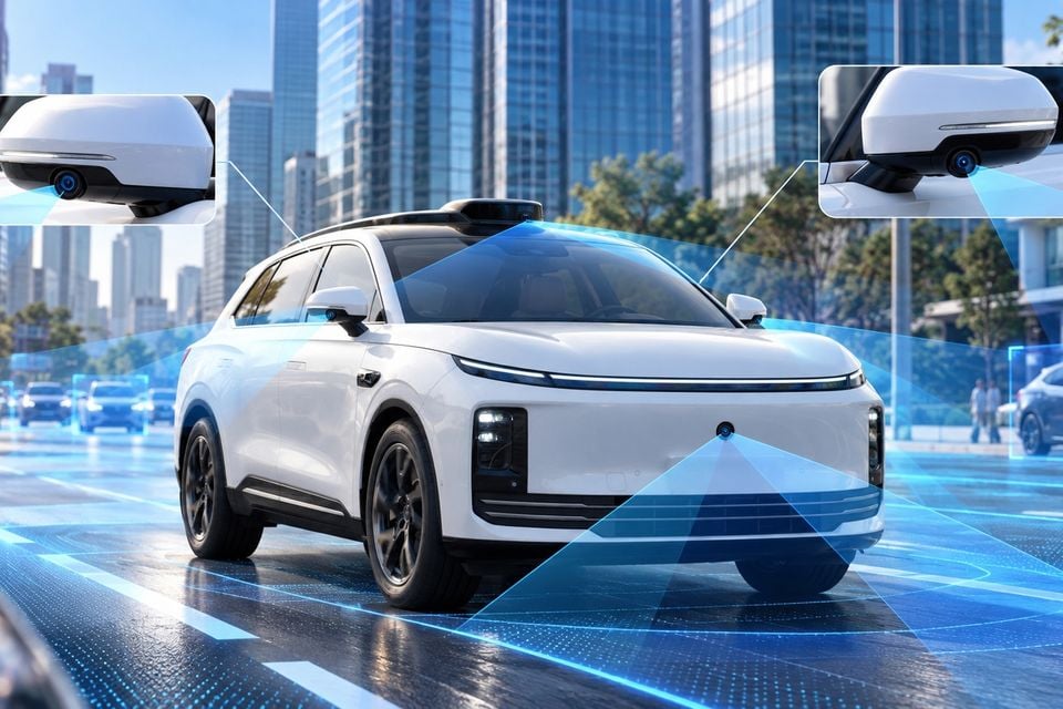 A white Chery Exeed Sterra ET SUV robotaxi driving on a city street, with graphics showing its roof and mirror-mounted sensor cameras
