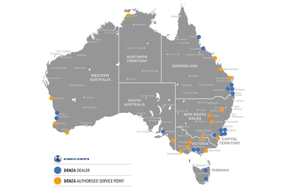 Map of Australia showing Denza dealer locations in blue and Denza authorised service points in orange across each state and territory
