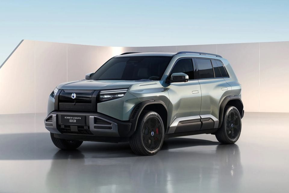 A Denza B3 SUV in silver-green, shown from the front-side angle in a studio setting