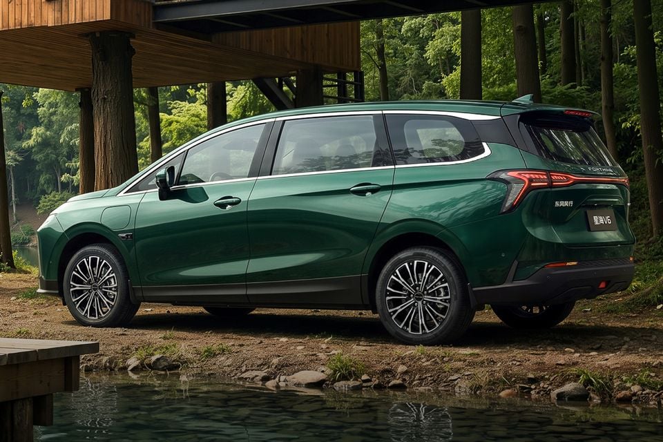 A green Dongfeng Forthing V6 MPV seen from the rear three-quarter angle, parked near a forest waterway