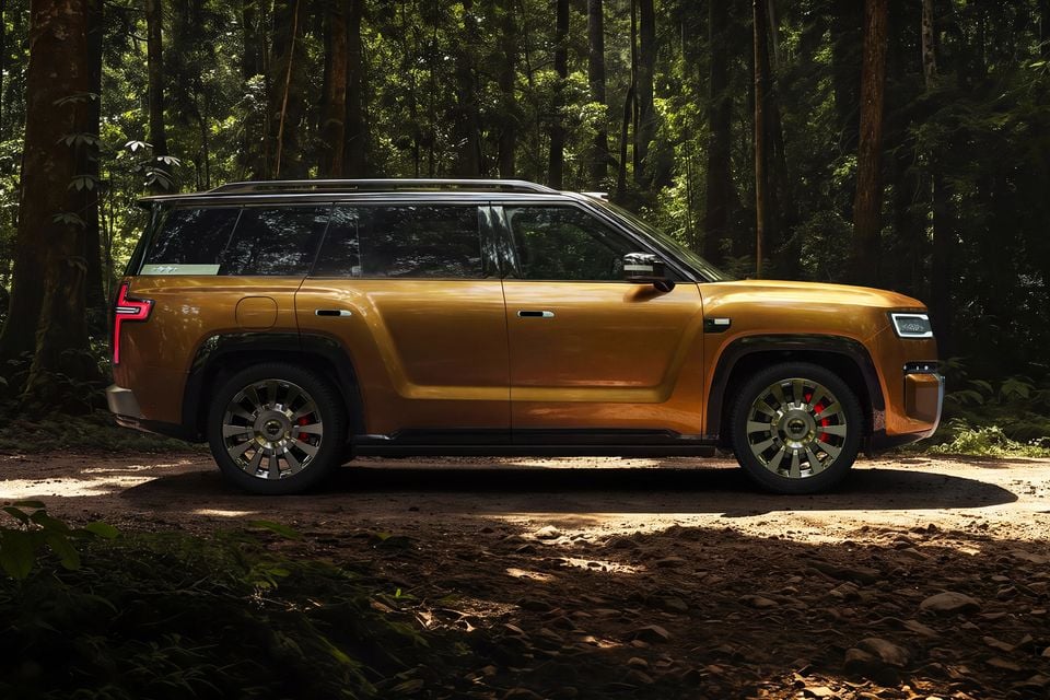 A gold Fangchengbao Tai 9 large SUV seen from the side, parked on a dirt track in a forest