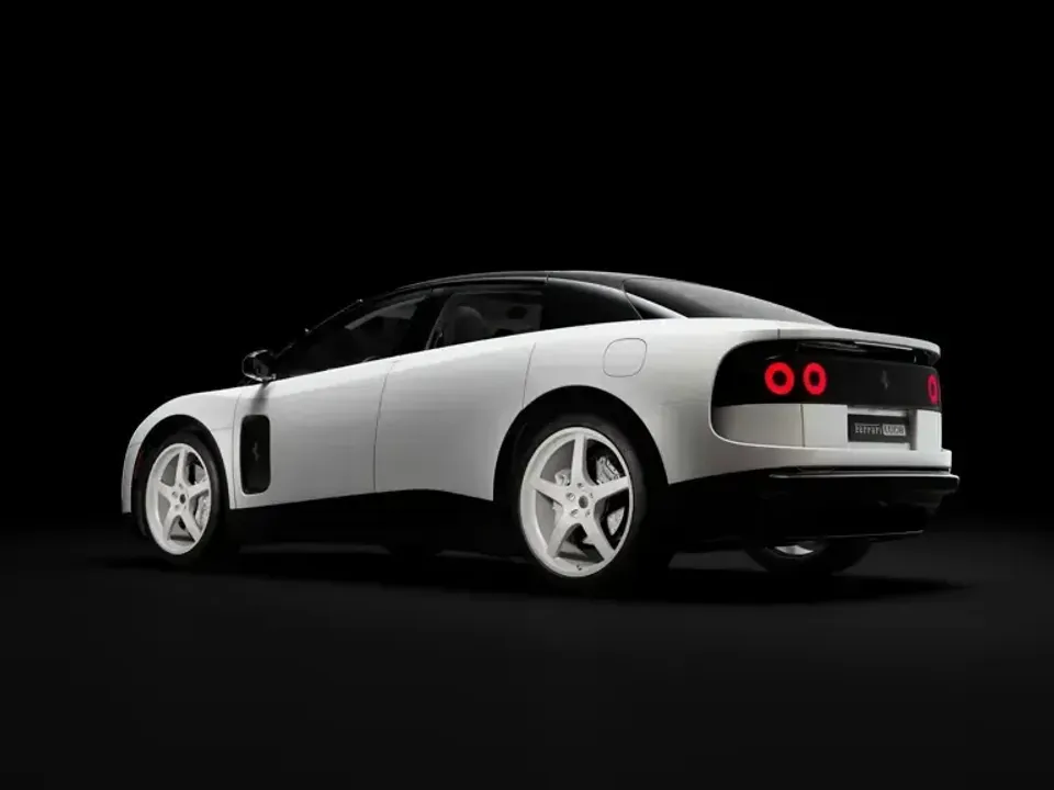 A white Ferrari Luce coupe seen from the rear three-quarter angle against a dark studio background