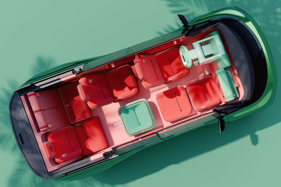 Overhead view of the Fiat Multi-Play concept with the roof removed, showing a green body and red modular seats across three rows