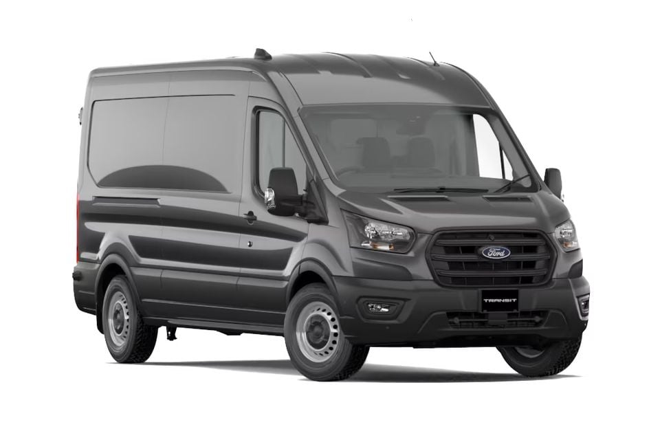 A grey Ford Transit van seen from the front-side angle on a white background