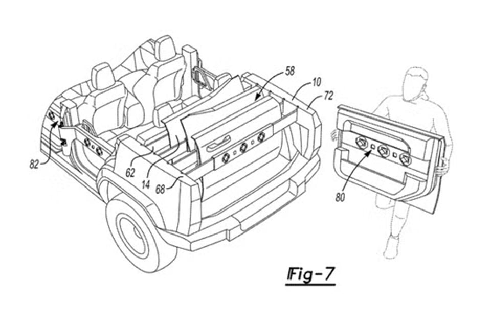 A patent diagram (Fig. 7) showing a Ford vehicle with removable rear door panels, with a person carrying a detached door panel beside the vehicle.
