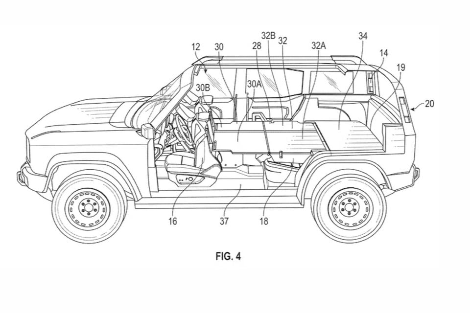 A patent drawing (Fig. 4) showing a side cutaway diagram of an SUV, labelled with numbered reference points indicating interior and roof structures including seats, floor, and roof panels.
