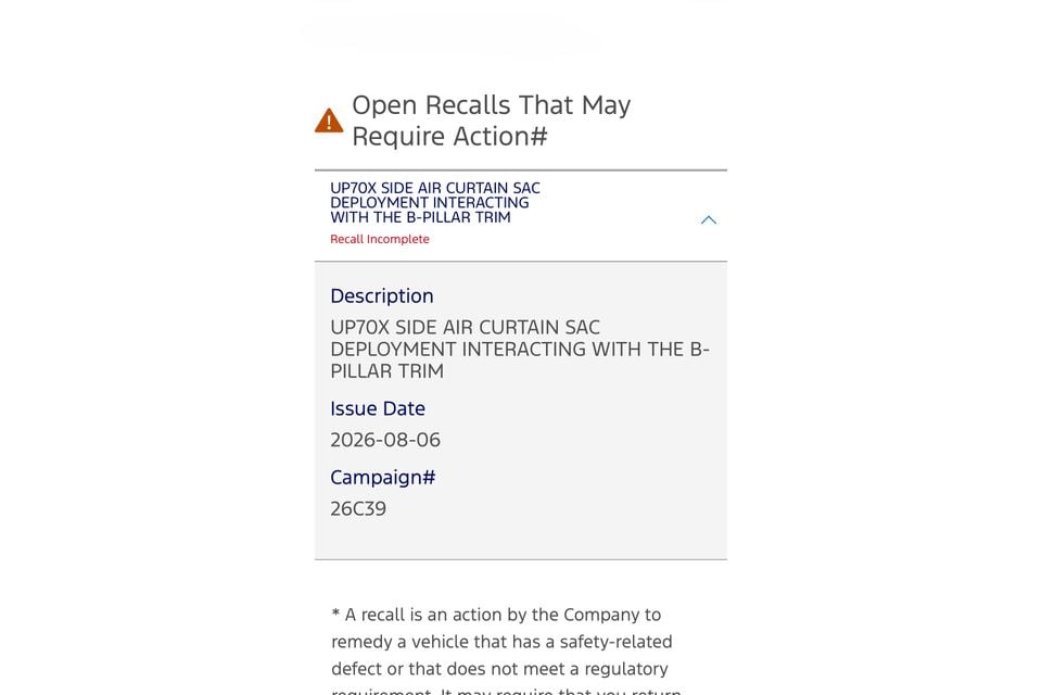 A vehicle recall notice showing an open recall for a Ford Ranger related to side air curtain deployment interacting with the B-pillar trim, with campaign number 26C39 issued on 6 August 2026.