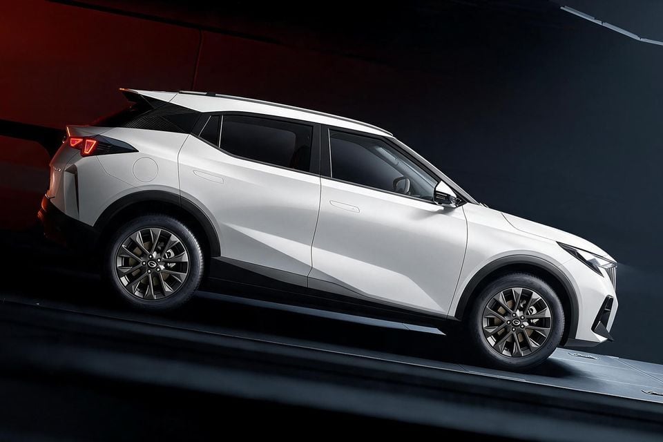 A white GAC Emzoom SUV seen from the side in a dark studio setting