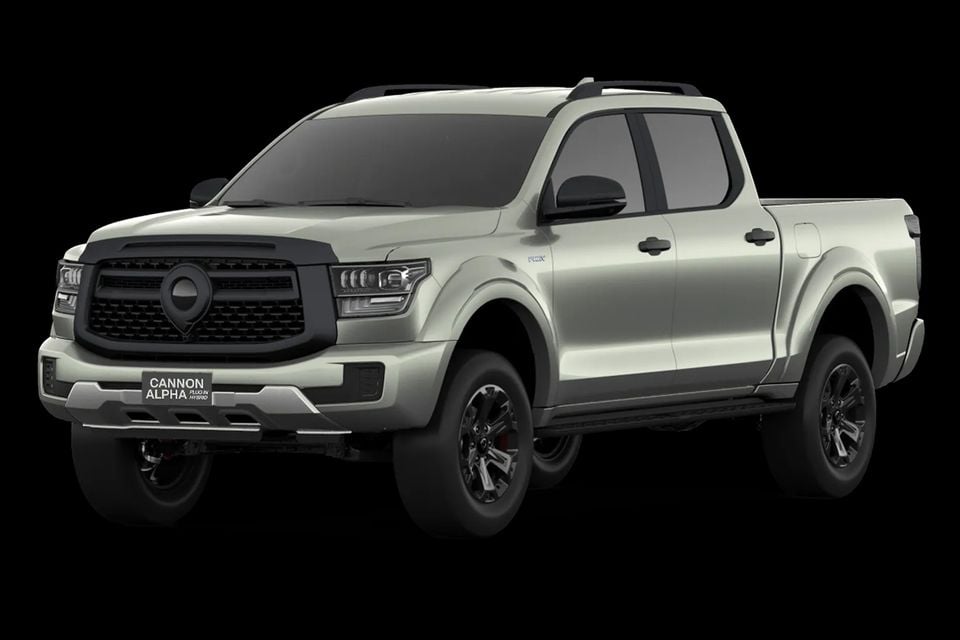 GWM Cannon Alpha Plug-in Hybrid dual-cab ute in a light silver-green colour, seen from the front-side angle against a black background