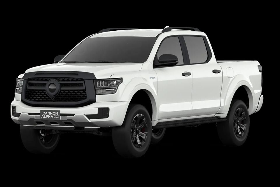 A white GWM Cannon Alpha Plug-in Hybrid dual-cab ute seen from the front-side against a black background