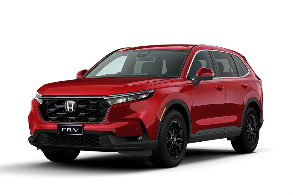 A red Honda CR-V SUV seen from the front three-quarter angle on a white background