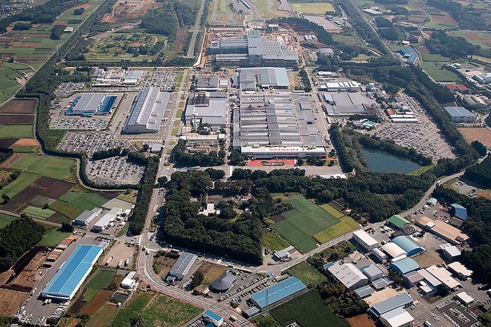 Aerial view of a large Honda manufacturing facility and surrounding industrial area in Japan