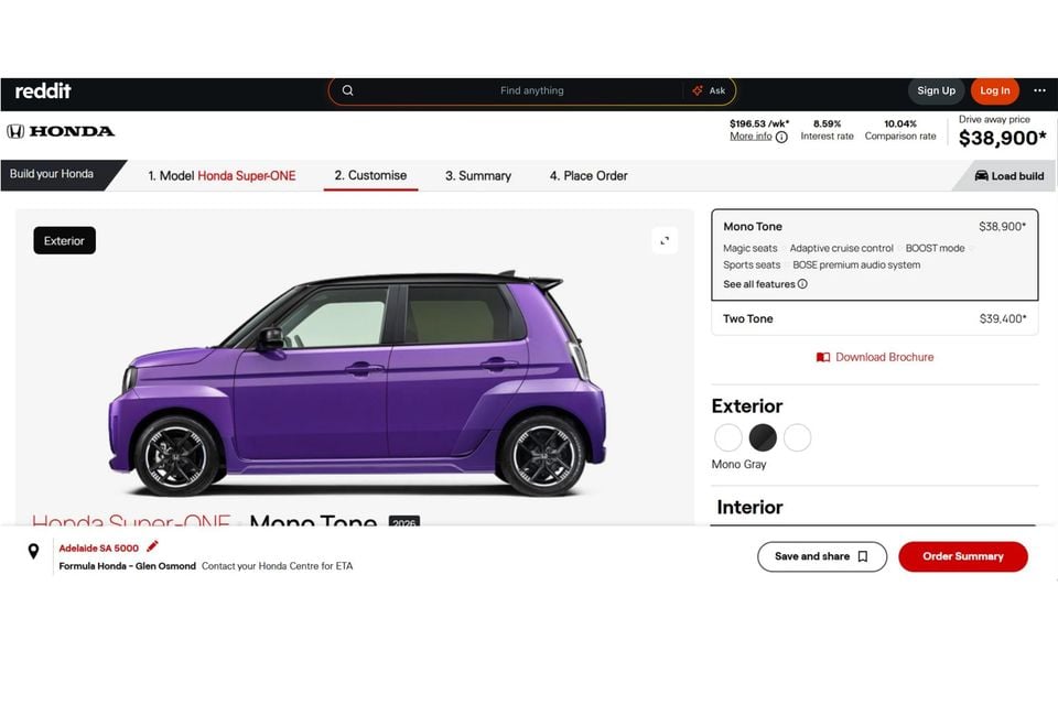 A screenshot of the Honda Australia car configurator on Reddit, showing a 2025 Honda Super-ONE in purple (Mono Tone variant) viewed from the side, priced at $38,900 drive away.