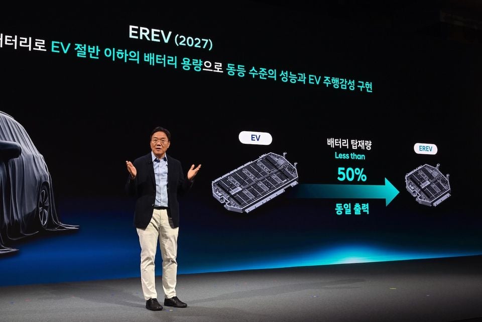 A presenter speaks on stage at a Hyundai investor event, with a large screen behind him showing an EREV (2027) battery technology comparison slide highlighting that the EREV uses less than 50% of the battery capacity of a standard EV.