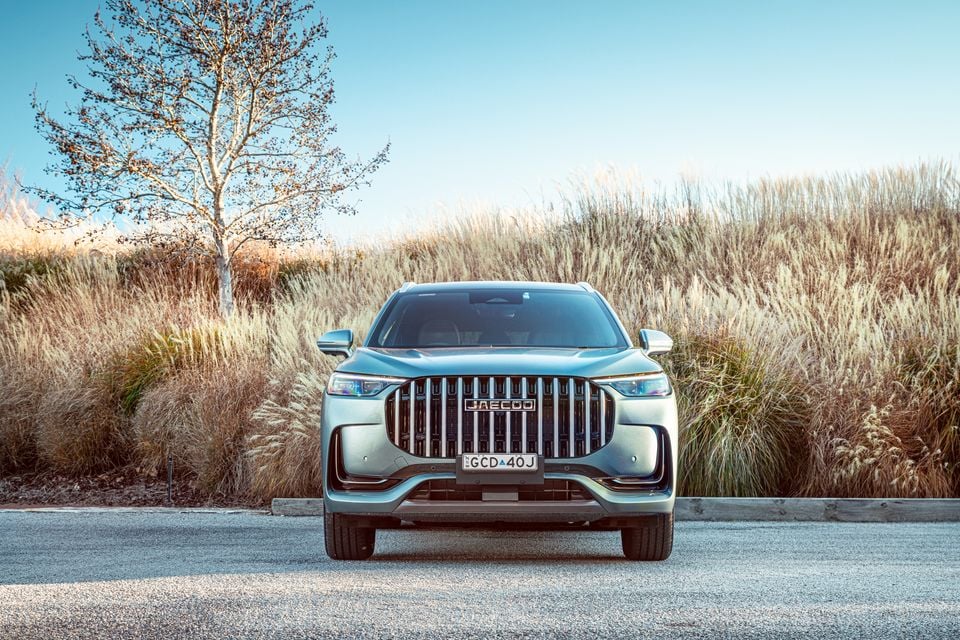 A Jaecoo J8 SUV seen from the front, finished in silver-green, parked on a road surrounded by dry grasses and a bare tree.
