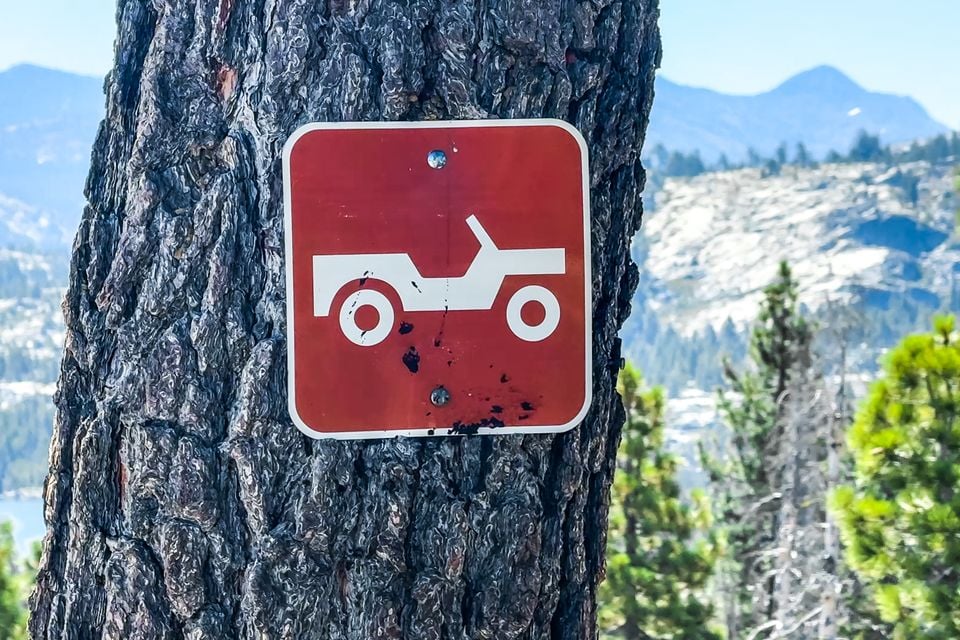 Red off-road vehicle trail sign showing a white Jeep-style icon, nailed to a pine tree with mountains behind on the Rubicon Trail