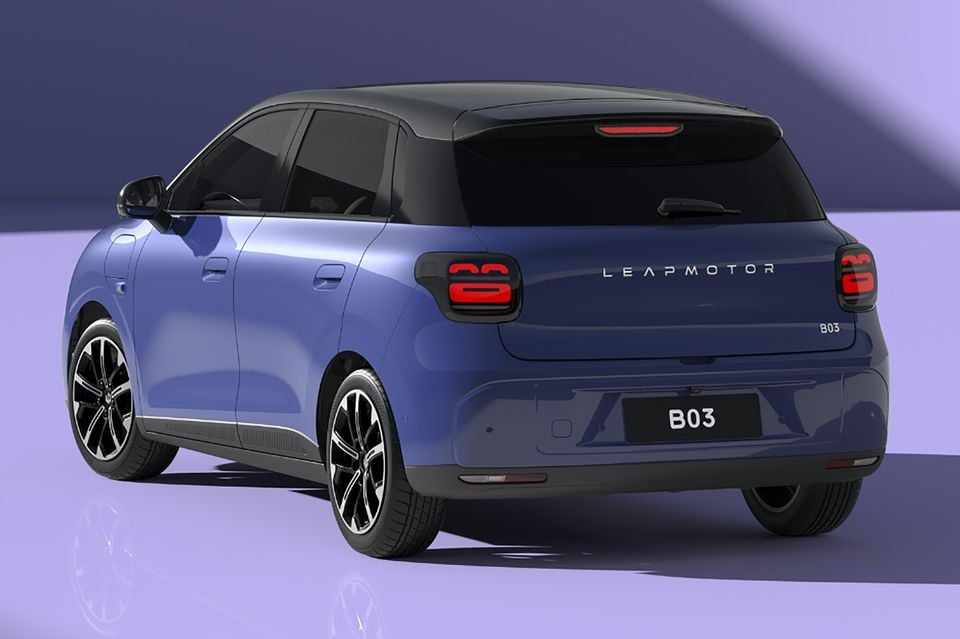 A blue Leapmotor B03 hatchback shown from the rear quarter angle in a studio setting
