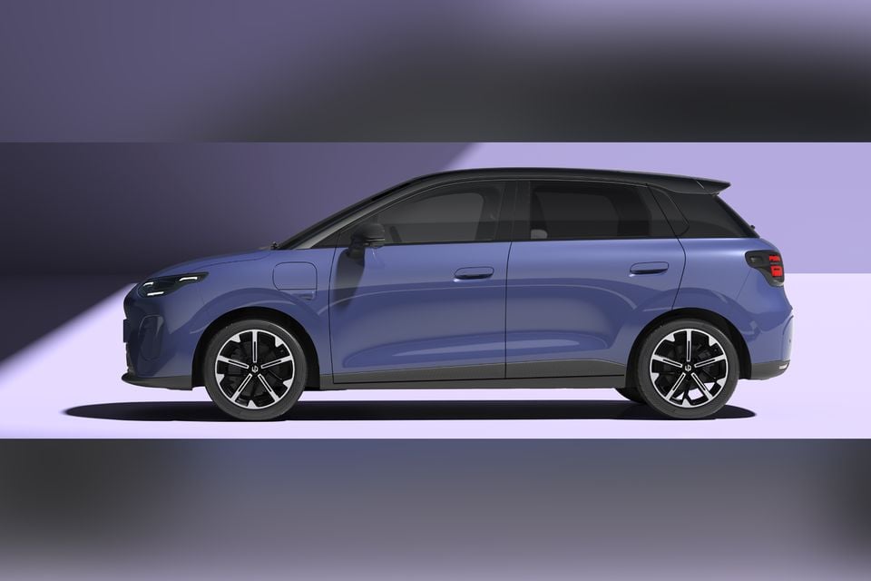 A blue Leapmotro B03 hatchback shown from the side in a studio setting, facing left