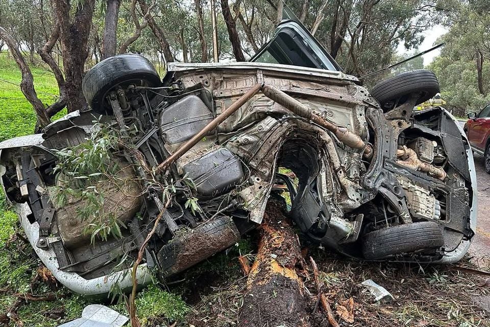 A heavily damaged white car rolled onto its roof and crushed against a fallen tree in a bushland setting, with the undercarriage and mechanical components fully exposed — the result of a severe crash