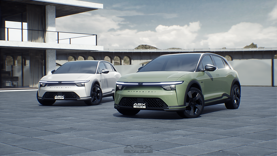 Two Mitsubishi ASX VR-e SUVs shown from the front three-quarter angle, one in white and one in green, parked on a stone plaza in front of a modern building