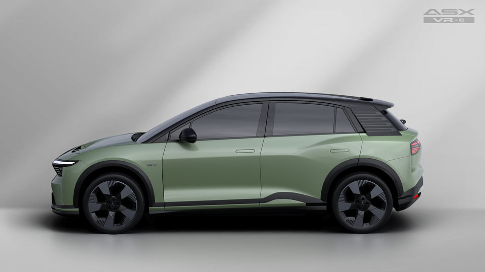 A green Mitsubishi ASX VR-e electric SUV shown from the side against a studio background