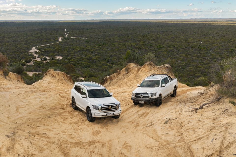 Two white GWM Tank 500 SUVs and a white GWM Cannon Alpha ute navigating sandy dunes in the Australian outback, with a vast scrubland stretching to the horizon