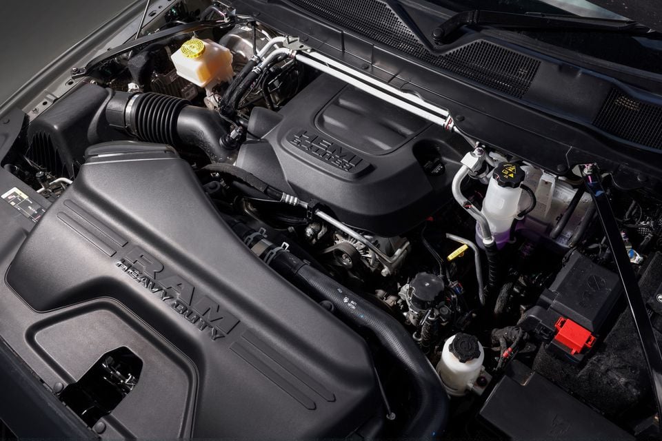 Engine bay of a Ram 2500 Heavy Duty showing the HEMI V8 engine
