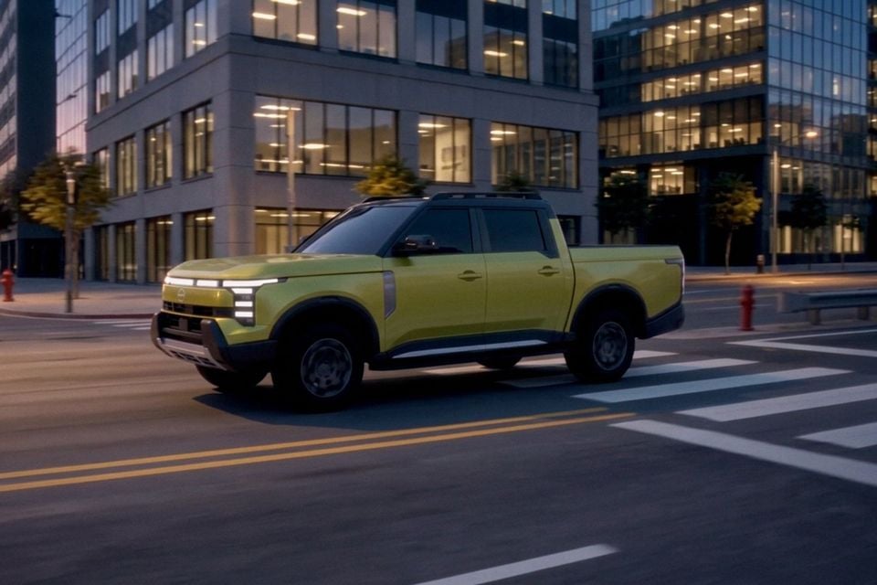 A lime green Nissan Navara Pro dual-cab ute driving through a city intersection at dusk, seen from the front side