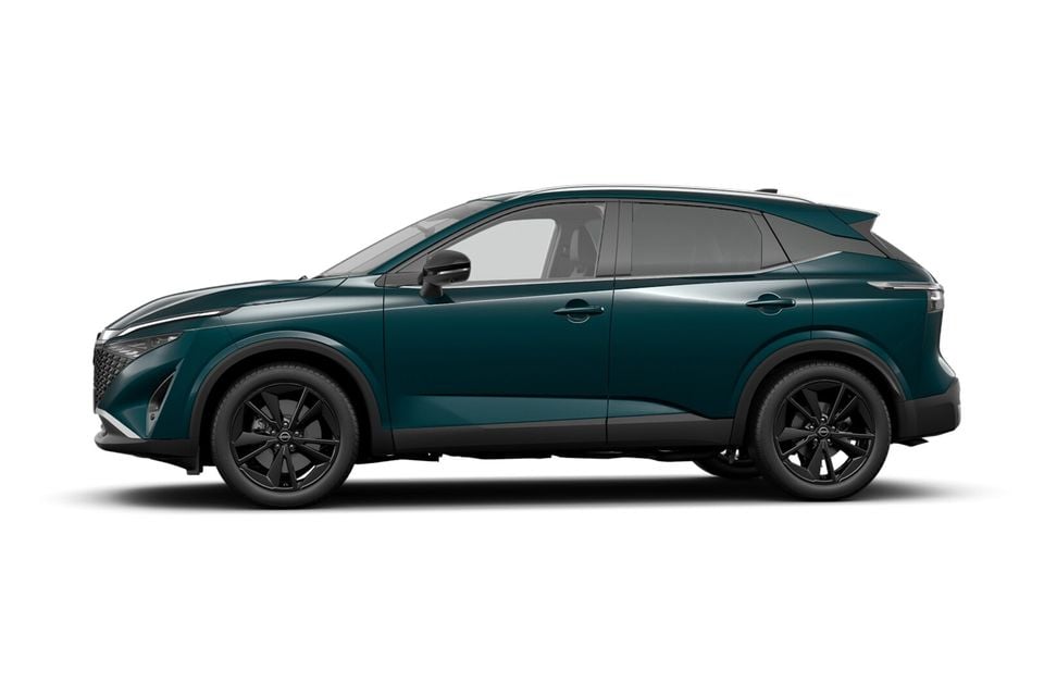 A teal/dark green Nissan Qashqai SUV shown from the side on a white background.