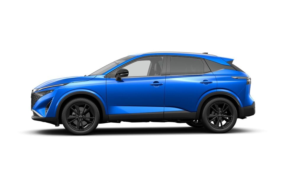 A blue Nissan Qashqai SUV shown from the side against a white background