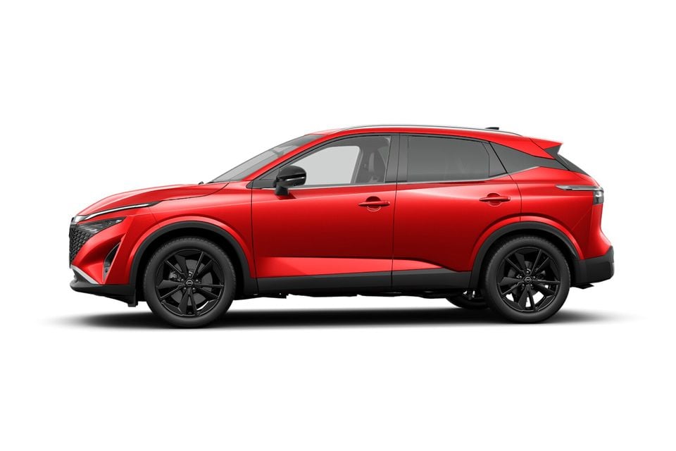 A red Nissan Qashqai SUV shown from the side against a white background