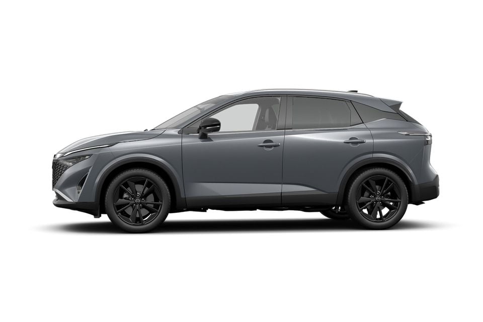 A grey Nissan Qashqai SUV shown from the side against a white background