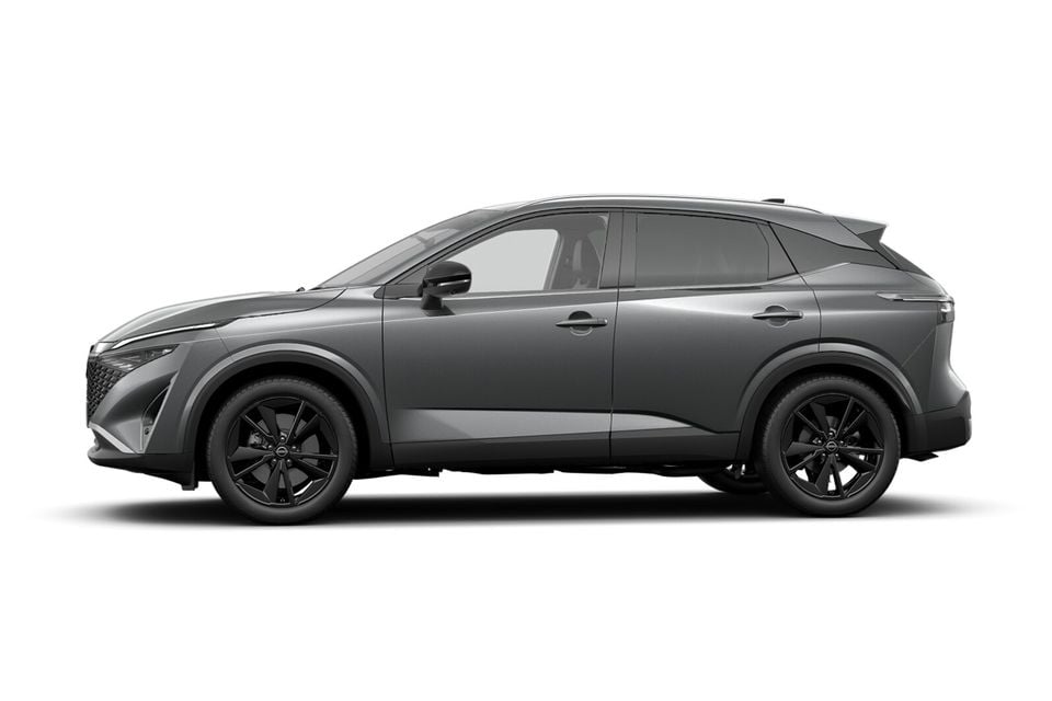 A grey Nissan Qashqai SUV shown from the side against a white background