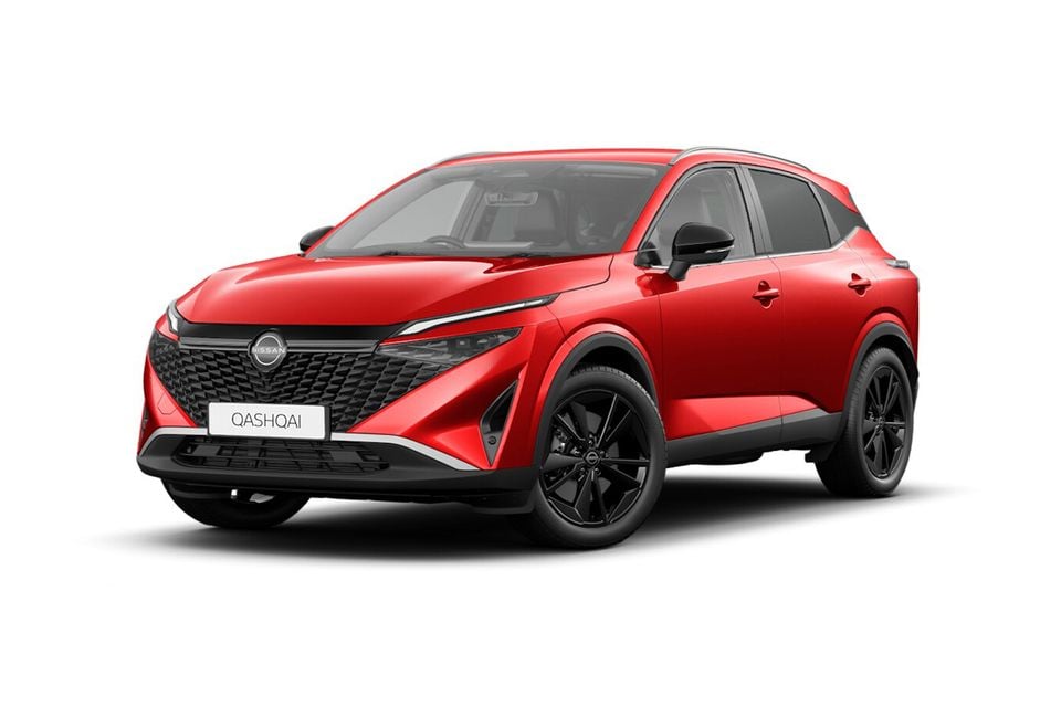 A red Nissan Qashqai SUV shown from the front-side angle against a white background