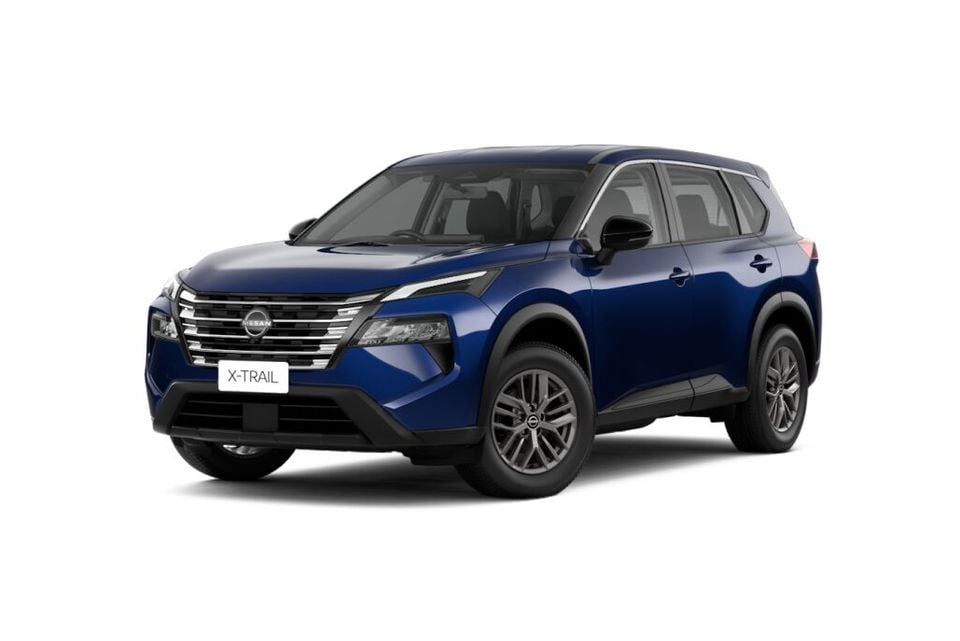 A dark blue Nissan X-Trail ST SUV shown from the front quarter angle against a white background.