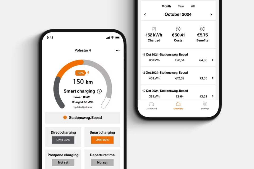 Two smartphones showing a Polestar 4 smart charging app, with battery at 50 per cent, 150 km range and an October 2024 charging cost summary