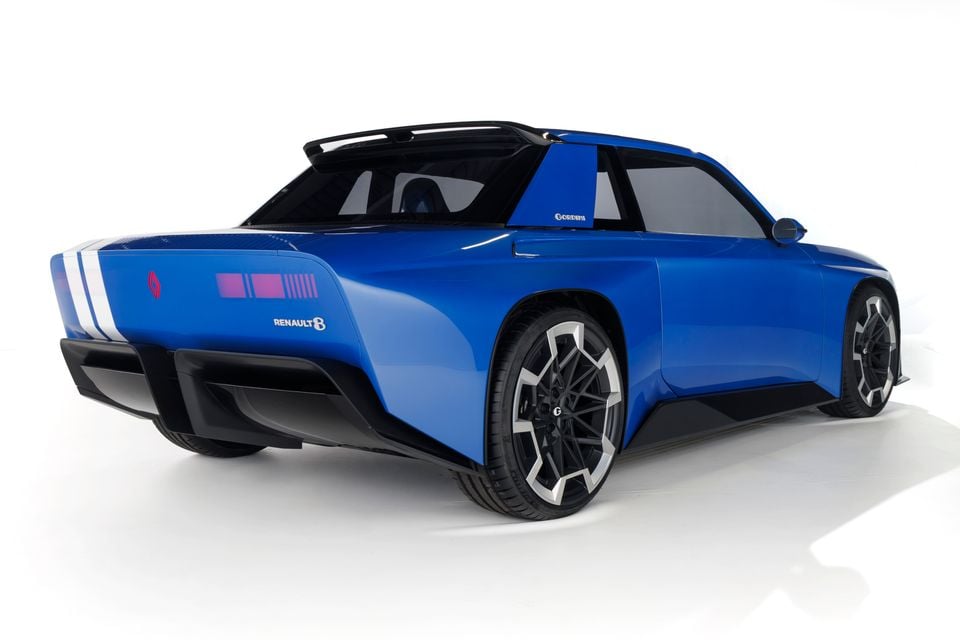 A blue Renault 8 Gordini concept car shown from the rear quarter against a white studio background