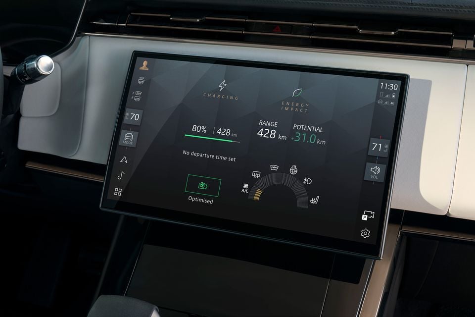 Close-up of an electric vehicle's infotainment touchscreen showing battery charge, driving range and energy impact information.