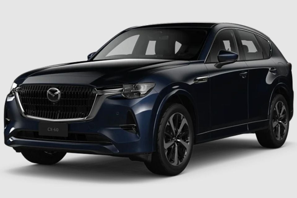 Mazda CX-60 SUV in dark navy blue with a black roof, seen from the front-side angle against a white background.