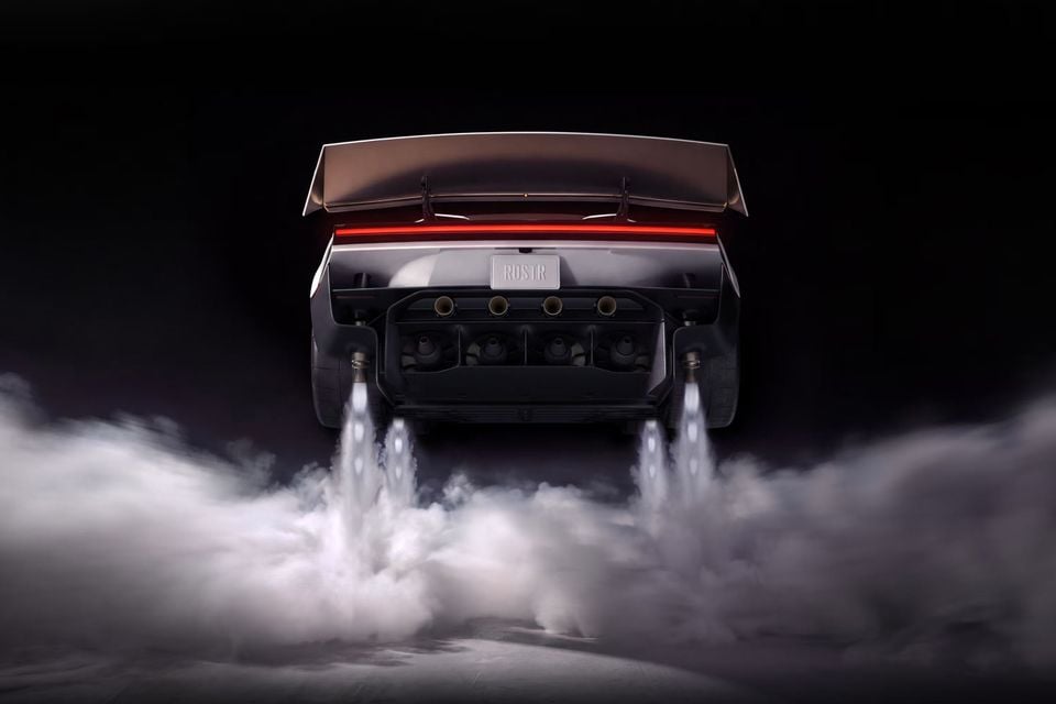 Rear of a Tesla Roadster with a large rear wing and red light bar, downward thrusters blasting smoke onto the ground in a dark studio
