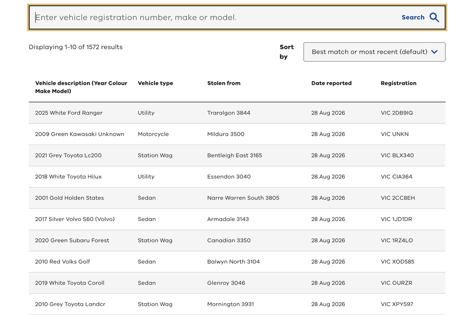A screenshot of the Victoria Police stolen vehicle database search results, showing a list of recently reported stolen vehicles with details including vehicle description, type, location stolen from, date reported, and registration number.